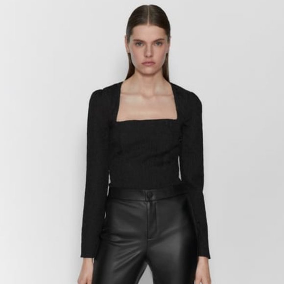 Zara Tops - Zara Long Sleeve Square Neck Textured Bodysuit Black Size Small S EUC A1508